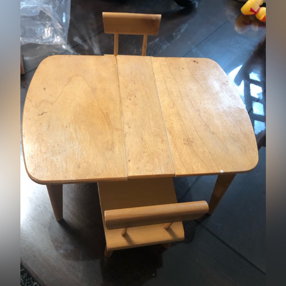 Vintage Strombecker Dollhouse Miniature Wooden Kitchen Table & 2 Chairs